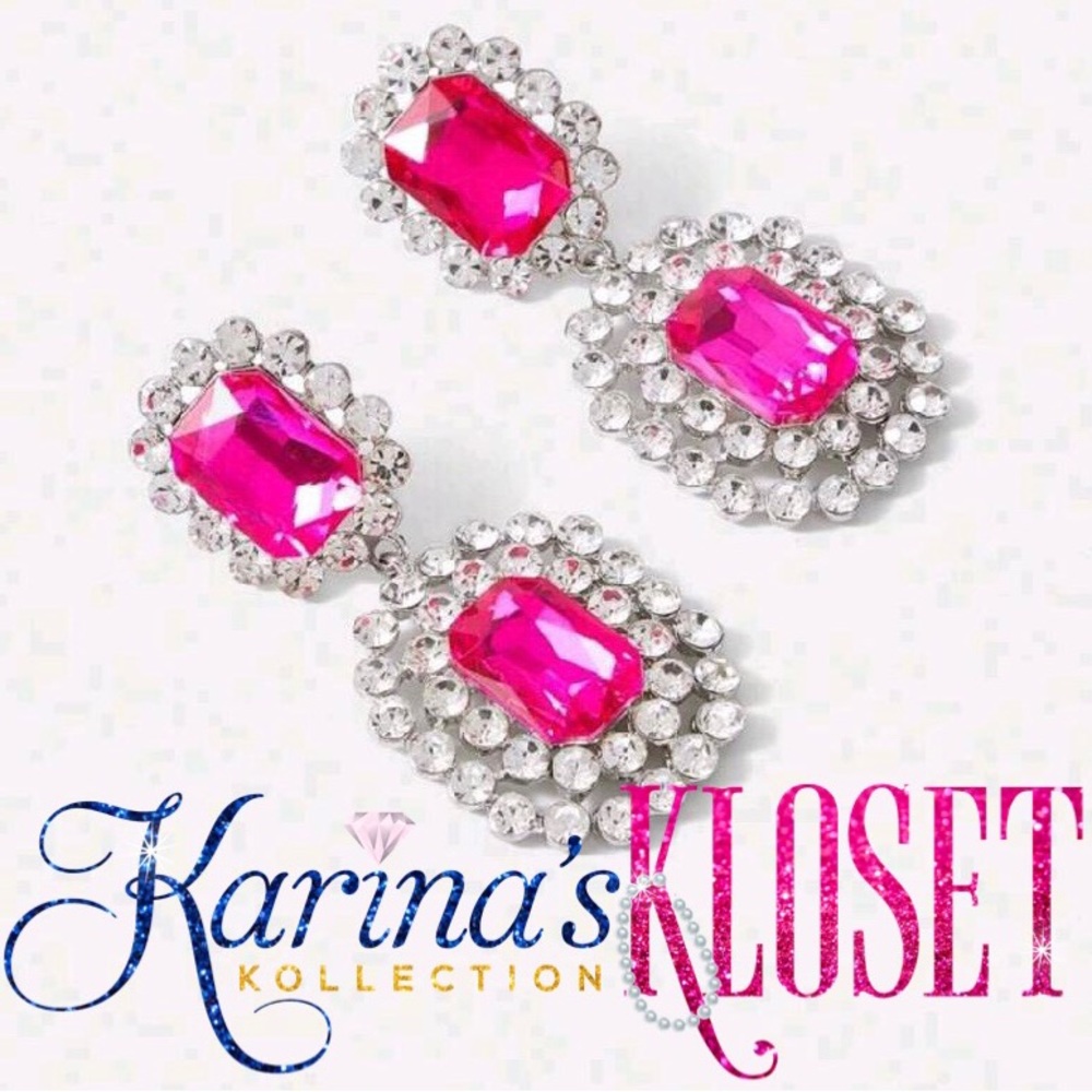 Fuchsia Pink Crystal Earrings, Oversized Statement Earrings, Black Crystal🎀